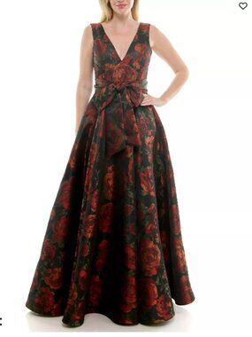 Taylor Women's Printed V-Neck Ball Style Formal Dress